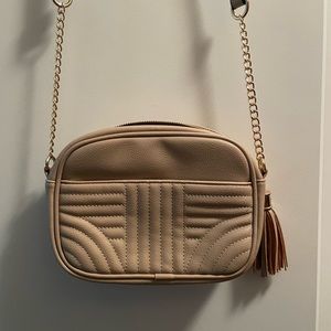 Nude small handbag with long strap